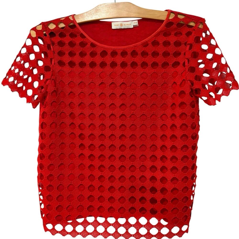 Tory Burch | Top Lace Linen Red Short Sleeve Pullover Classic- Size XS
